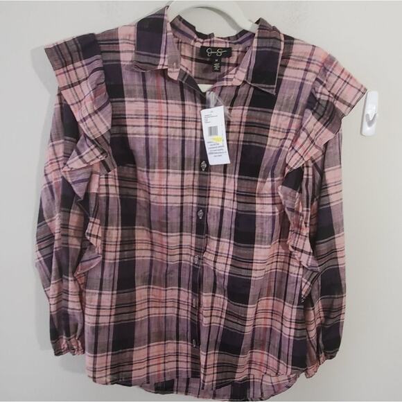 JESSICA SIMPSON plaid ruffled button up shirt med - Picture 1 of 5